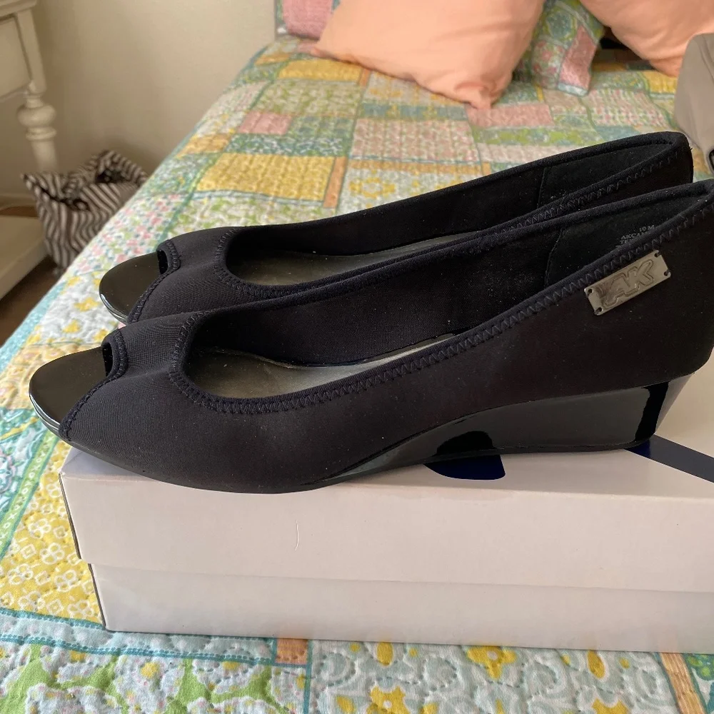 Anne Klein Sport Black Wedge Peep Toe Shoes